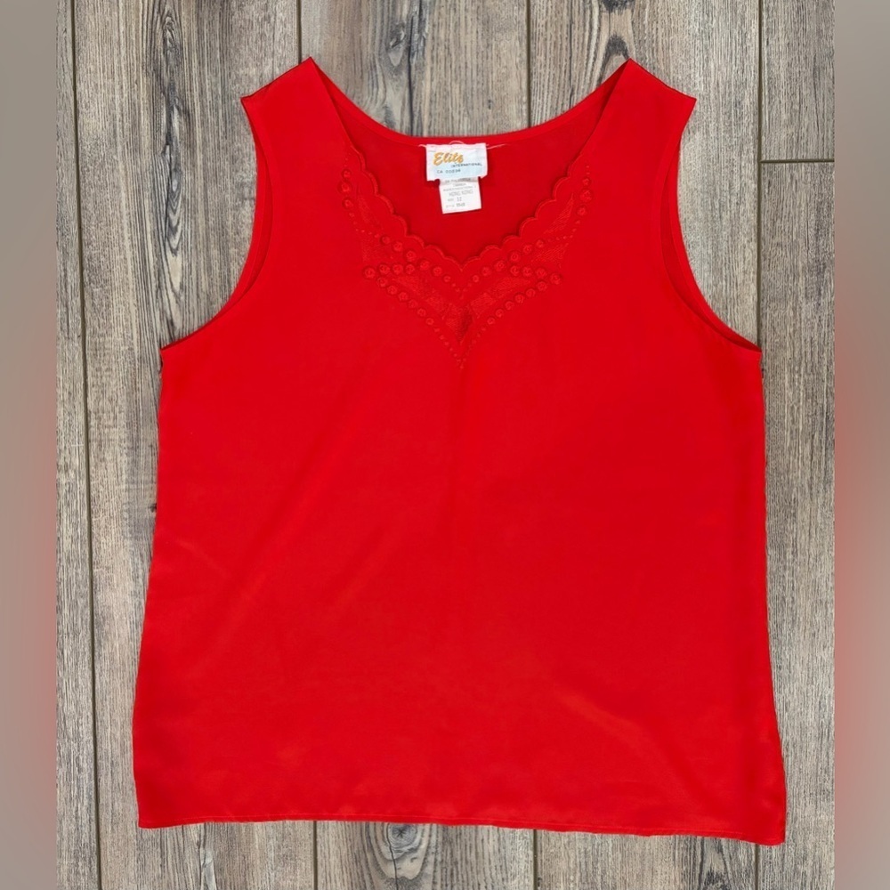 Vintage Elite International Red Sleeveless Scalloped Neck Blouse Top Size 12
